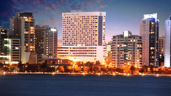 The Perth skyline with the Pan Pacific Hotel highlighted